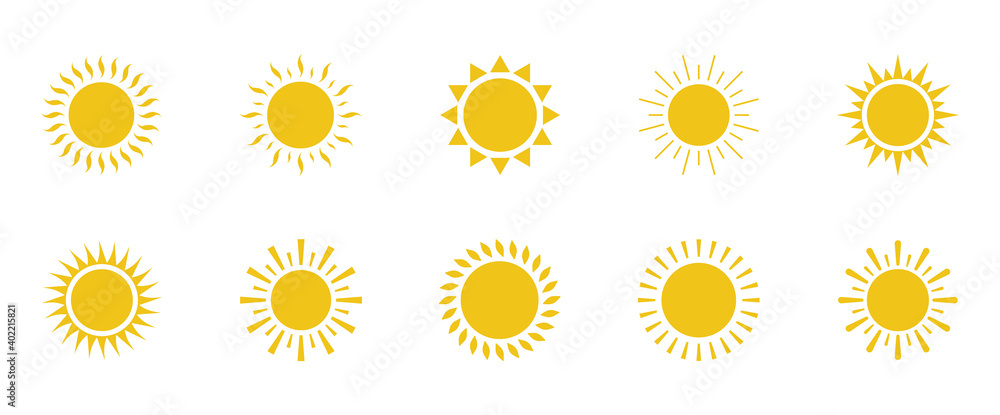 Sun icon yellow set isolated on white background. Sun icons collection. Star simple flat logo icon. Trendy vector summer icon for website design, mobile app. Vector illustration Sun icon yellow set isolated on white background. Sun icons collection. Star simple flat logo icon. Trendy vector summer icon for website design, mobile app. Vector illustration