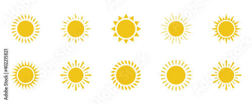Sun icon yellow set isolated on white background. Sun icons collection. Star simple flat logo icon. Trendy vector summer icon for website design, mobile app. Vector illustration