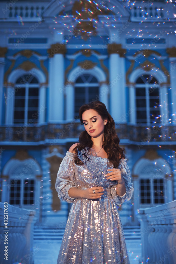 A beautiful young girl in a shiny silver dress on the palace facade background. A magical night portrait.