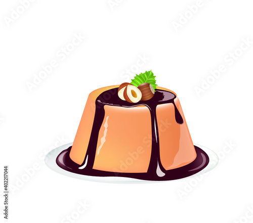 Chocolate panna cotta with walnut. vector