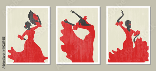 Flamenco dancer vector illustration. Set of posters with dancing Spanish girl.