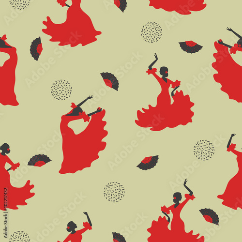 Seamless flamenco dancer pattern. Dancing Spanish girl with fan
