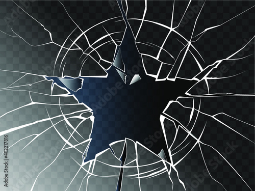 Vector broken glass shattered in the form of star. Isolated cracked glass effect. Decorative pattern of cracks on a transparent background. Glass with hole.