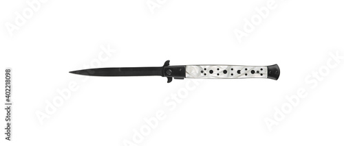 Switchblade pocket knife isolated on white back. Black penknife with marble handle. Elgant melee weapons.
