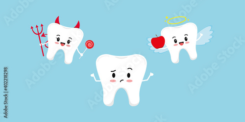 Cute tooth think and devil with angel on its shoulder. Tooth try make a choice between good apple and bad candy unhealthy food. Flat design cartoon style dental kids character temptation concept.