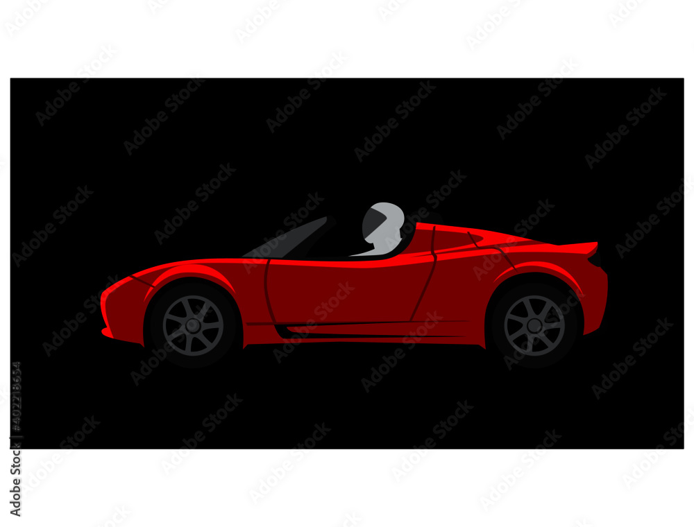 Red sports roadster on a black background. Tesla-roadster in open space. Vector image for illustrations.