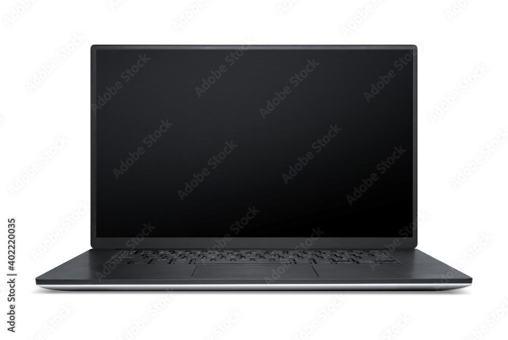 Open laptop or notebook screen, front view. Blank laptop mockup. Screen display is black and straight, easy to add content. Isolated on white. - obrazy, fototapety, plakaty 