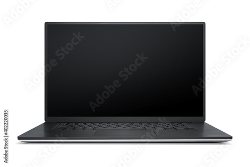 Open laptop or notebook screen, front view. Blank laptop mockup. Screen display is black and straight, easy to add content. Isolated on white.