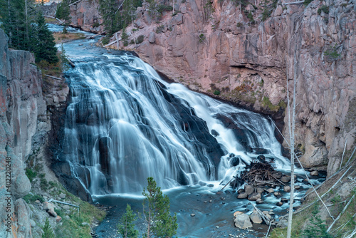 long exposure close view of gibbon falls in yellowstone national park of wyoming