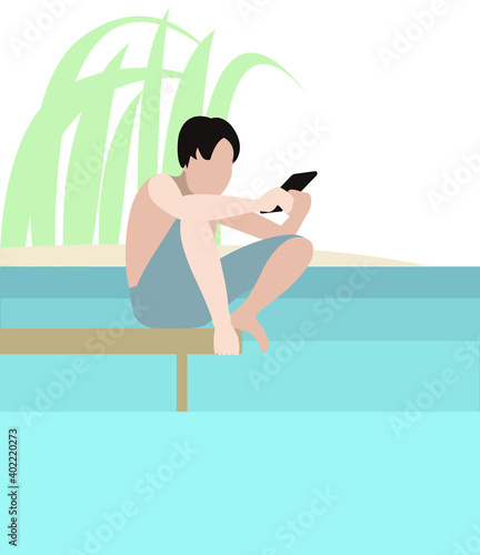 Teenager with gadget sitting on pier on river bank. Digital addiction concept. Cute flat vector illustration