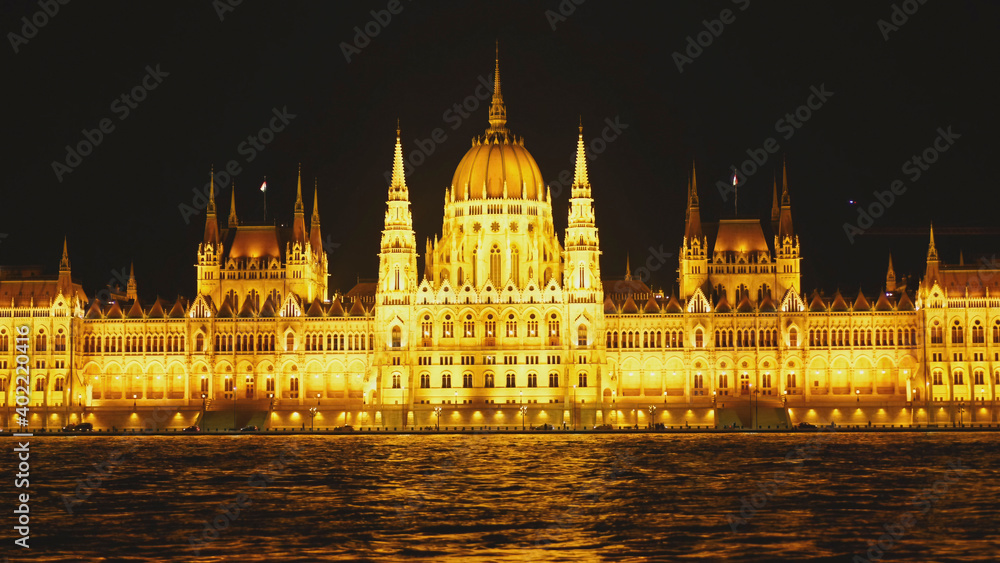 night time close up of the hungarian parliament in budapest