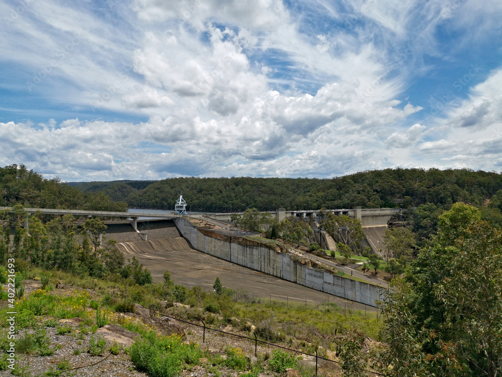 Beautiful view of a dam across a lake, Warragamba Dam, Sydney, New South Wales, Australia
