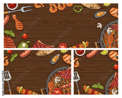 Template restaurant or cafe barbeque posters. Color vector vintage engraving