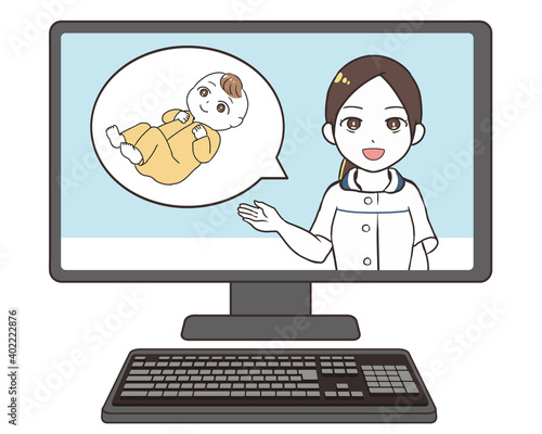 オンライン診察　小児科　モニター　女性医師