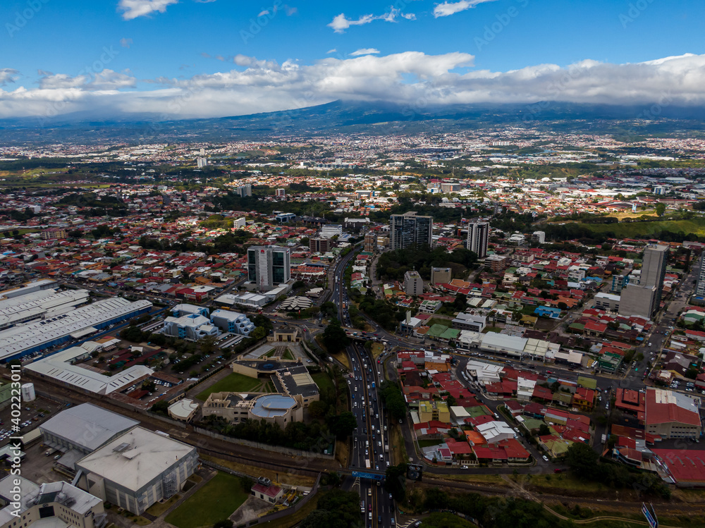 Beautiful aerial view of the city of San Jose Costa Rica and the Central Park of the Sabana