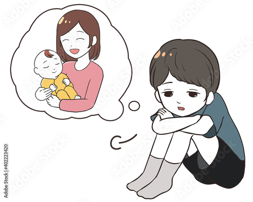 赤ちゃんにかかりきりの母親　嫉妬する男の子