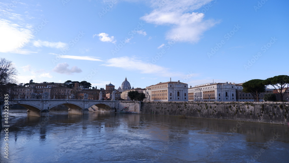 Picturesque view of Saint Angel Bridge over the Tiber river in Rome, Italy