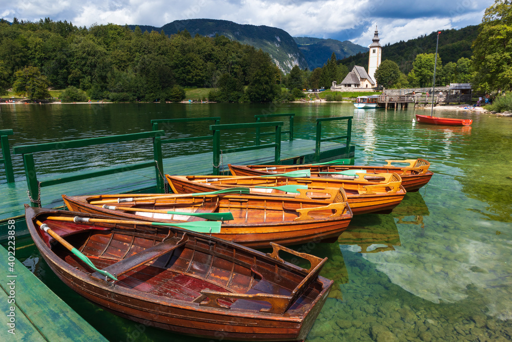 Beautiful Lake Bohinj in Slovenia with its sights in summer.