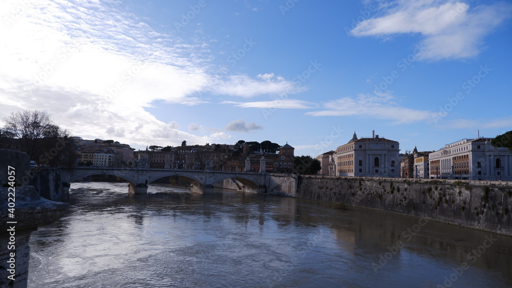 Rome skyline on a sunny day with Tiber river, Ponte Sant' Angelo Bridge and Castel Sant'Angelo