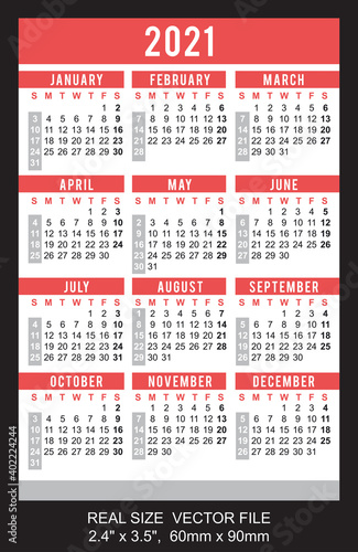 Pocket calendar 2021  start on Sunday  vector