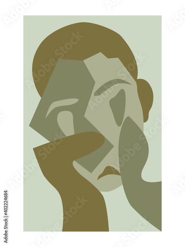 Monochrome abstract portrait. Human face close-up. Cubism art style. Isolated vector illustration