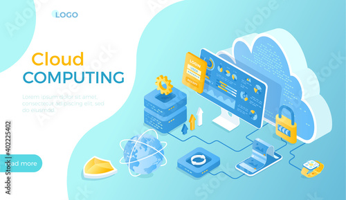 Cloud Technology Computing Concept. Web hosting, server equipment, computer web data center. Protection process. Isometric vector illustration for website.