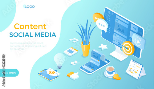 Social Media Content. Effective  strategy content marketing. Viral Marketing and Social Media Sharing. Isometric vector illustration for website.