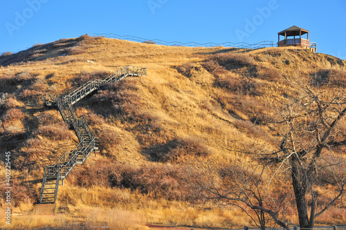 Gazebo over looks river as long staircase folds over large hillside of Lethbridge, Alberta park