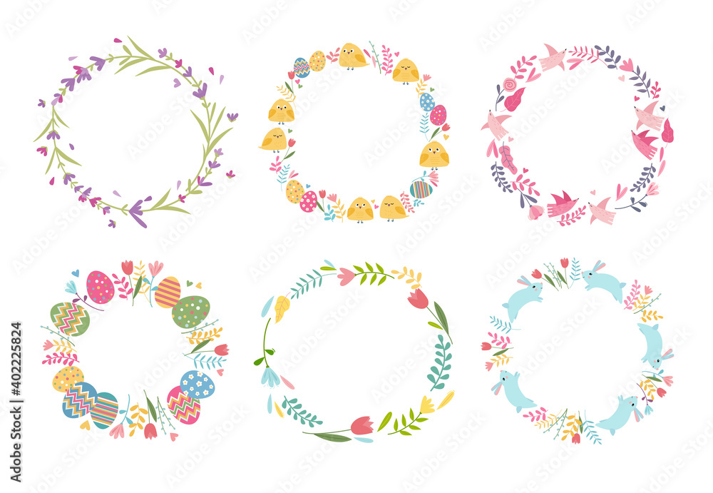 Set of colorful floral frames round frames. Easter design for greeting cards