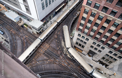 High angle view of vintage commuter train and tracks in among the city skyscrapers