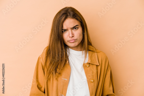 Young skinny caucasian teenager girl sad, serious face, feeling miserable and displeased.