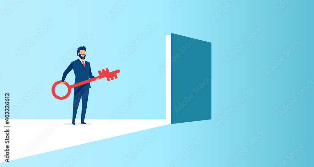 Vector of a business man holding a key to a door to success Vector of a business man holding a key to a door to success