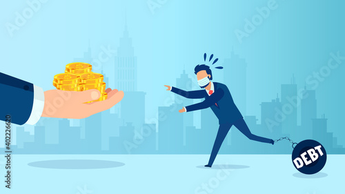 Vector of a business man with wearing face mask chained to a debt dumbbell running to get relief money from helping hand