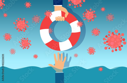 Vector of a business man being rescued with life buoy during coronavirus economic crisis