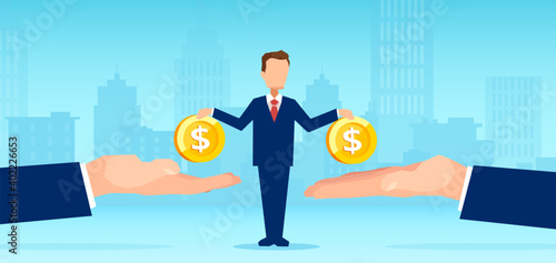 Vector of a small businessman owner paying money to big creditors