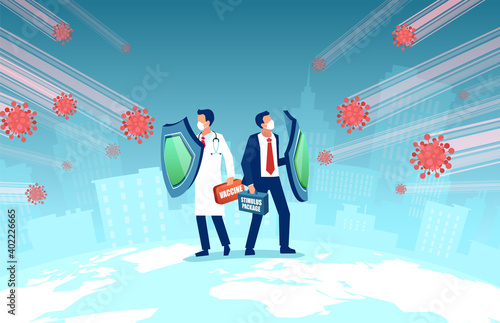 Vector of a doctor wearing face mask holding shield, vaccine box and a business man with stimulus package fighting Coronavirus pandemic