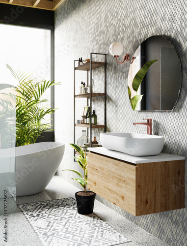 Modern bathroom interior with grey tiled walls, round mirror, white bath and large window. 3d rendering