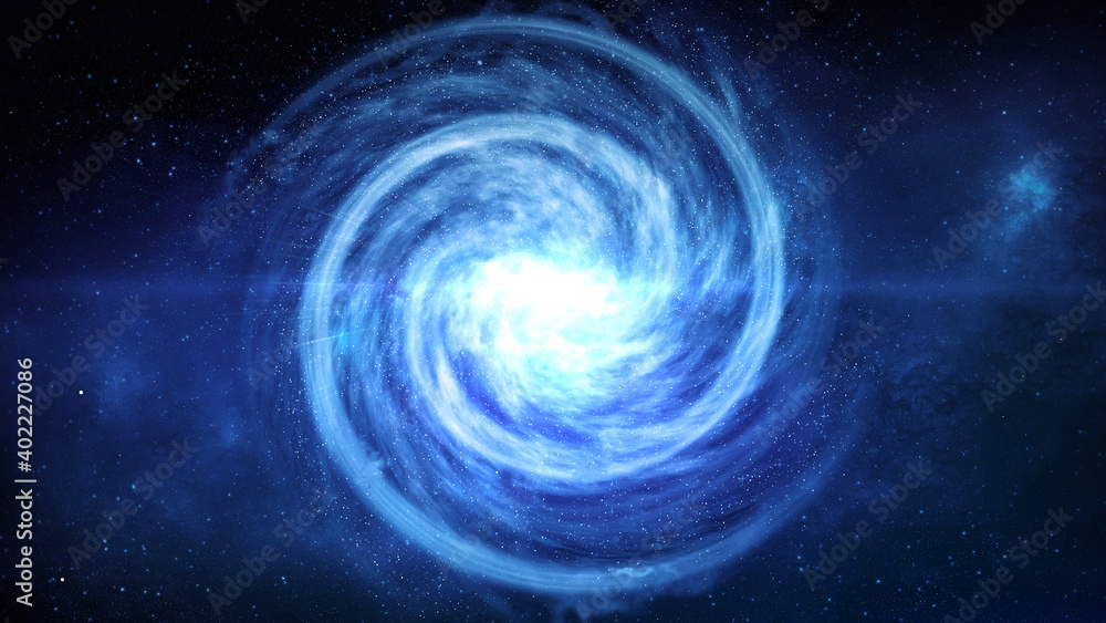 A blue spiral galaxy andromeda top view with a field of stars and a core bright star with lots of rays soaring in the infinite cosmos space
