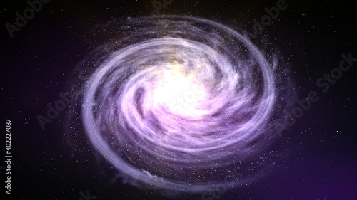 Fototapeta Naklejka Na Ścianę i Meble -  A purple spiral galaxy andromeda with a field of stars and a core bright star with lots of rays soaring in the infinite cosmos space