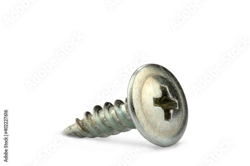 screws and self-tapping screws made of white metal, isolate on a white background, space for text