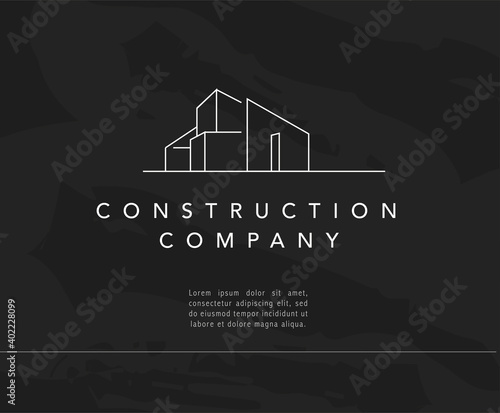 Vector construction company brand design template. Building company and architect bureau insignia, logo illustration isolated on black background. White stroke, linear art.