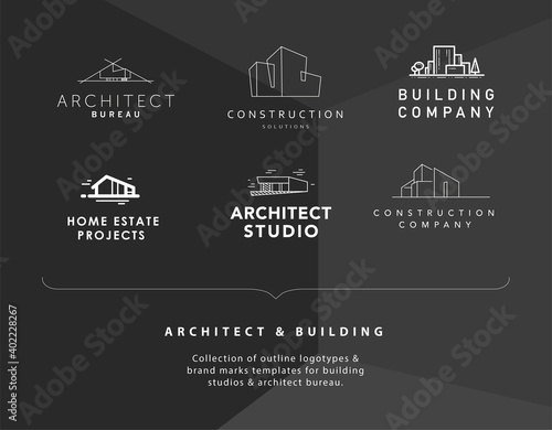 Set of vector construction company brand design templates. Building company and architect bureau insignia, logo illustration isolated on black background. White stroke, line art.