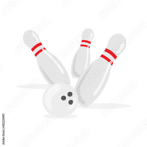 Bowling ball and pin isolated on background. Bowling ball and pin in cartoon flat style. Vector icon