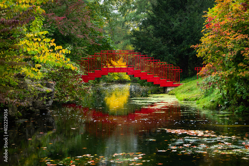 Photography Puente rojo en el parque con reflejos sobre el agua del río