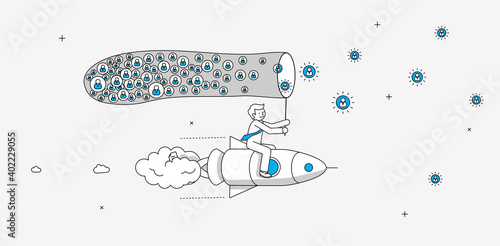 Businessman flying on the rocket catching up new members for his online service. Online startup company infographics. Modern illustration in linear style.