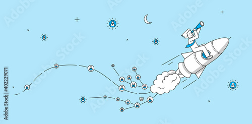 Businessman flying on the rocket looking for new members for online service. Technology startup company infographics. Modern illustration in linear style.