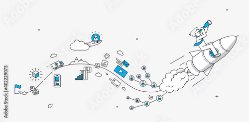 Obraz Startup online shopping company milestones infographics. Businessman looking to the future. Modern illustration in linear style.