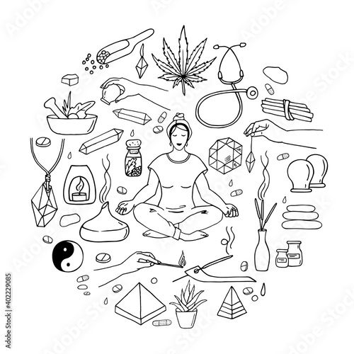 A set of doodles on the topic of alternative medicine. Hand drawing.
