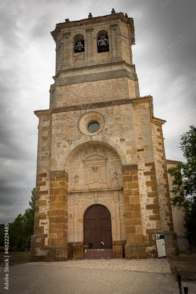 Facade of the hermitage of La Blanca in Cabrejas del Pinar, province of Soria, Castile and Leon, Spain