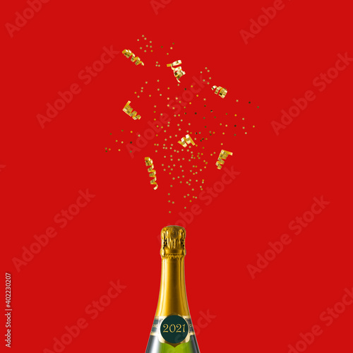 Happy New 2021 Year card. Champagne bottle with golden confetti isolated on red background